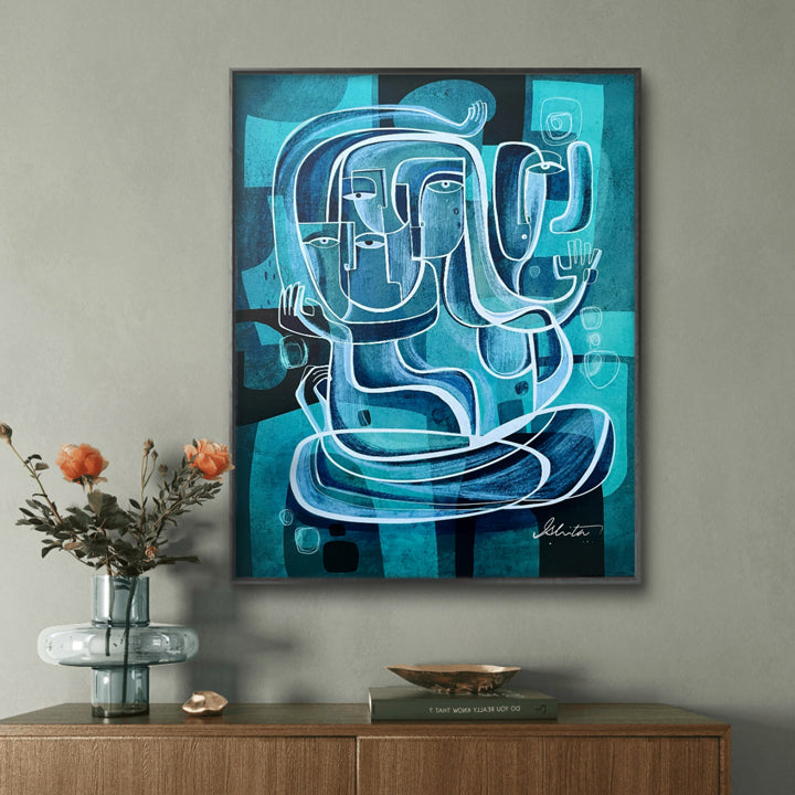 Turquoise Pathways original art by SoulCurryArt depicting abstract swirling turquoise and blue design on canvas.