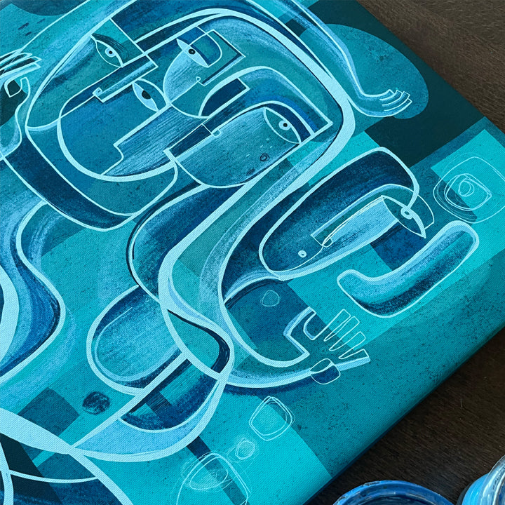 Original turquoise artwork titled "Pathways" by SoulCurryArt featuring vibrant abstract designs and flowing lines.