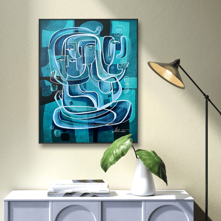 Original turquoise artwork titled Turquoise Pathways by SoulCurryArt, featuring vibrant abstract pathways in shades of blue and green.