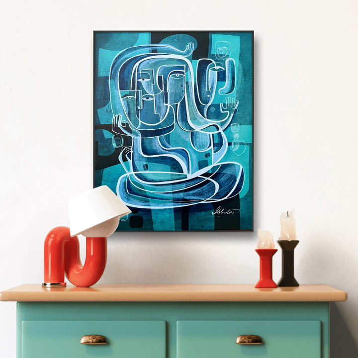 Colorful turquoise pathways original art by SoulCurryArt, featuring vibrant abstract brushstrokes on canvas.