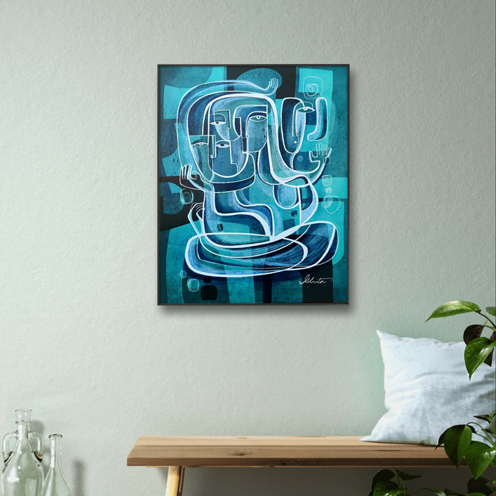 Unframed original art painting titled Turquoise Pathways by SoulCurryArt featuring vibrant turquoise and abstract landscape elements.