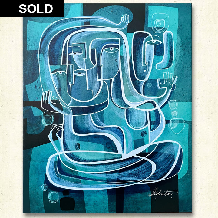 Unframed original turquoise painting titled "Turquoise Pathways" by SoulCurryArt featuring abstract, flowing brushstrokes and vibrant hues.