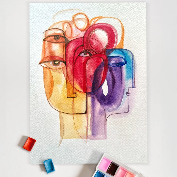 Colorful abstract original art titled "Solstice in Shapes" by SoulCurryArt, featuring vibrant geometric shapes and bold brushstrokes.