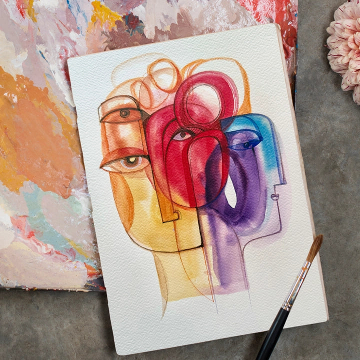Colorful abstract artwork titled "Solstice in Shapes" by SoulCurryArt, showcasing vibrant geometric patterns on a canvas.