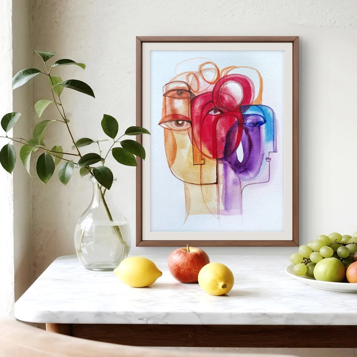 Colorful abstract original art print titled Solstice in Shapes by SoulCurryArt, featuring vibrant geometric patterns on a white background.
