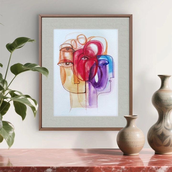 Colorful abstract original art piece titled "Solstice in Shapes" by SoulCurryArt, featuring vibrant geometric shapes and dynamic patterns.