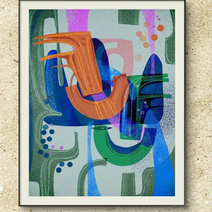 Birds of a Feather print by SoulCurryArt featuring colorful bird illustrations on paper, 16x20 inches.