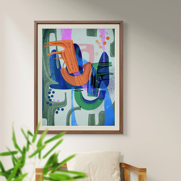 SoulCurryArt Birds of a Feather print featuring a detailed illustration of intertwined birds on paper, 16x20 inches.