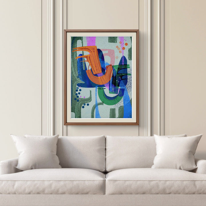 Birds of a Feather print by SoulCurryArt featuring colorful birds on paper, 16x20 inches.