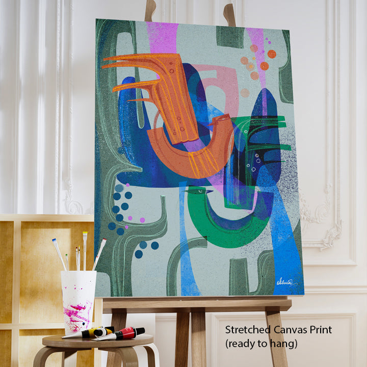 Birds of a Feather print by SoulCurryArt featuring colorful bird illustrations on paper, 16x20 inches.