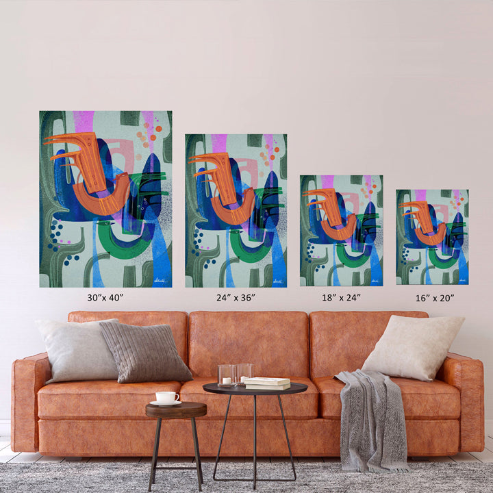 Birds of a Feather print by SoulCurryArt featuring colorful bird illustrations on paper, 16x20 inches.