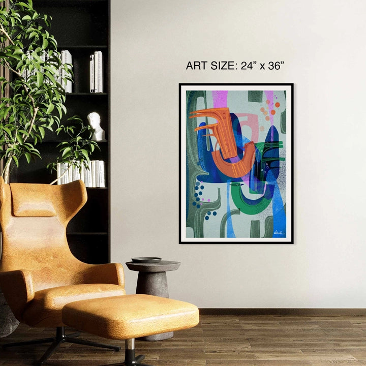 Birds of a Feather print by SoulCurryArt featuring a detailed illustration of colorful birds on paper.