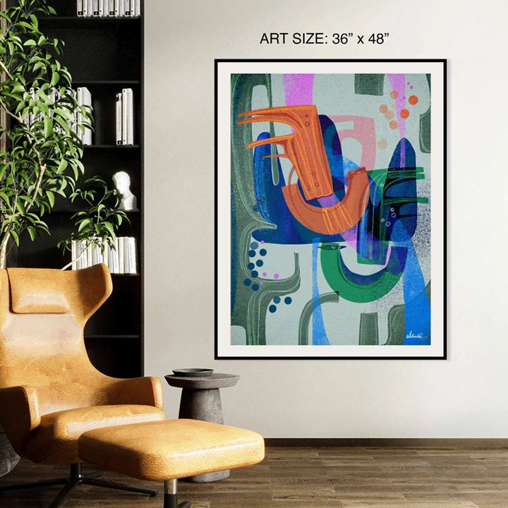 Birds of a Feather print by SoulCurryArt featuring a colorful illustration of diverse birds on paper, 16x20 inches.