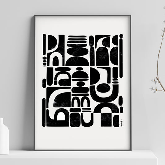 Colorful abstract print titled "Fragmented" by SoulCurryArt featuring geometric shapes and vibrant patterns.
