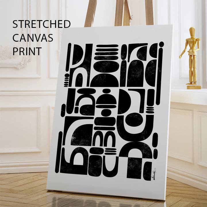 Colorful abstract print titled Fragmented by SoulCurryArt, featuring vibrant geometric shapes on stretched canvas.