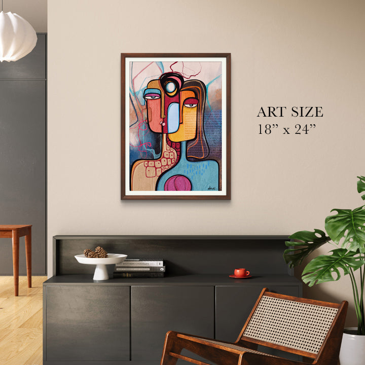 Abstract art print titled "In Between Stories" by SoulCurryArt, featuring modern, intimate wall decor with vibrant colors and textured design.