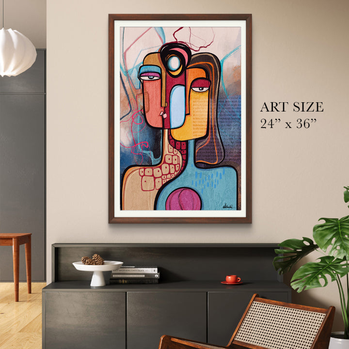 Abstract art print titled "In Between Stories" by SoulCurryArt, featuring modern, intimate wall décor with vibrant colors and textured design.