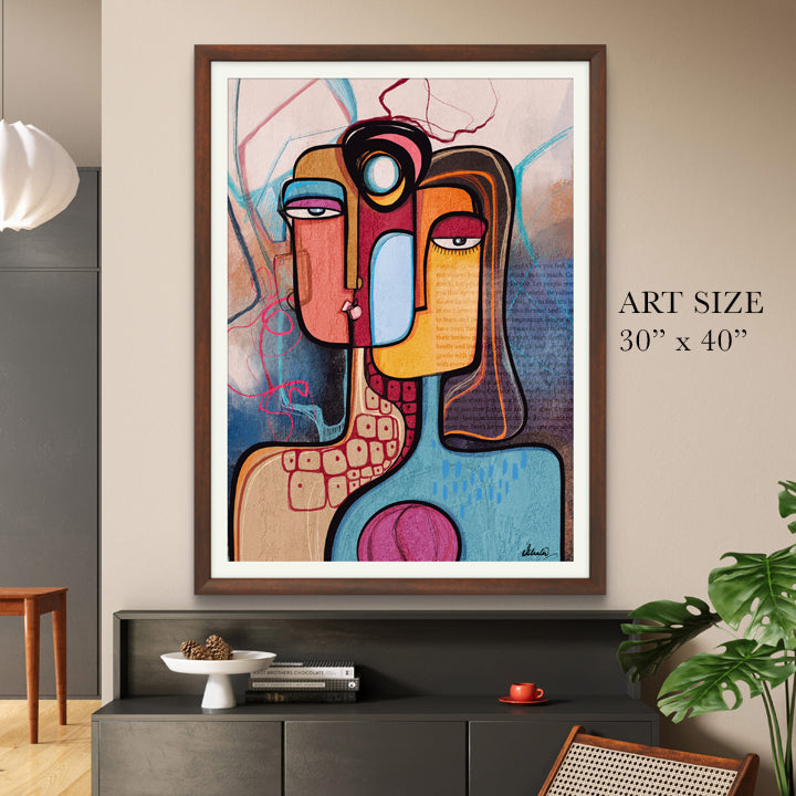 Abstract art print titled "In Between Stories" by SoulCurryArt, featuring modern, intimate wall décor on paper, 16x20 inches.