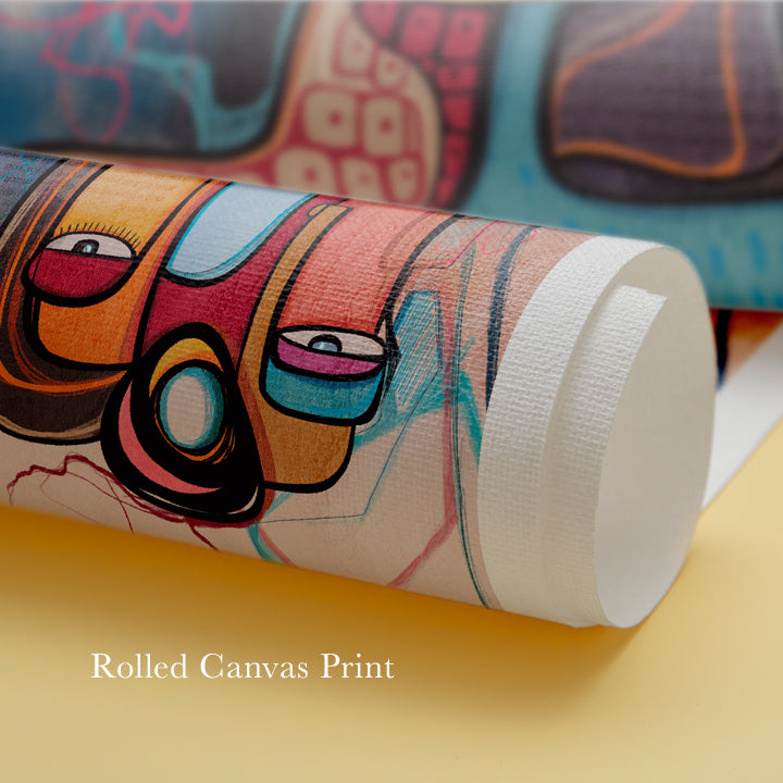Abstract art print titled "In Between Stories" by SoulCurryArt, featuring modern, intimate wall décor with vibrant colors and fluid shapes.