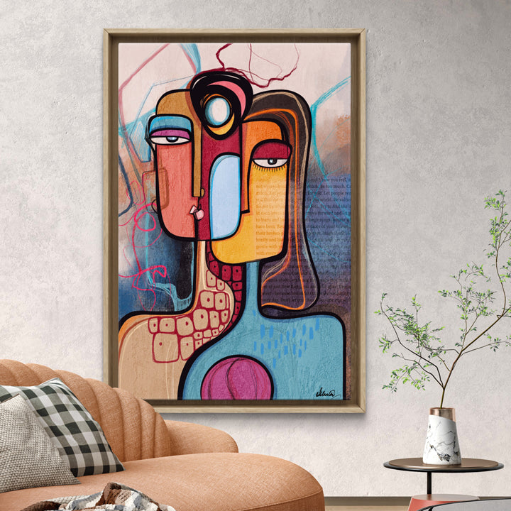 Abstract art print titled "In Between Stories" by SoulCurryArt, featuring modern, intimate wall décor with vibrant colors and textured design.