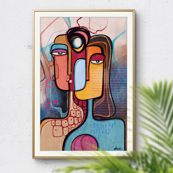 Abstract art print titled "In Between Stories" by SoulCurryArt, featuring modern, intimate wall décor with vibrant colors and textured design.