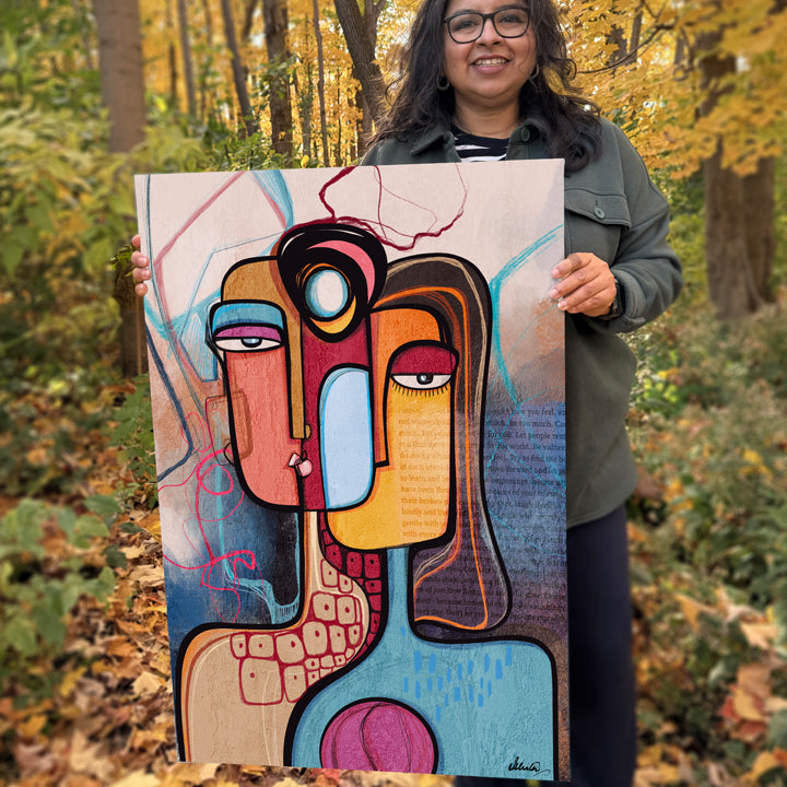 Abstract art print titled "In Between Stories" by SoulCurryArt, featuring modern, intimate wall décor with vibrant colors and textured design.