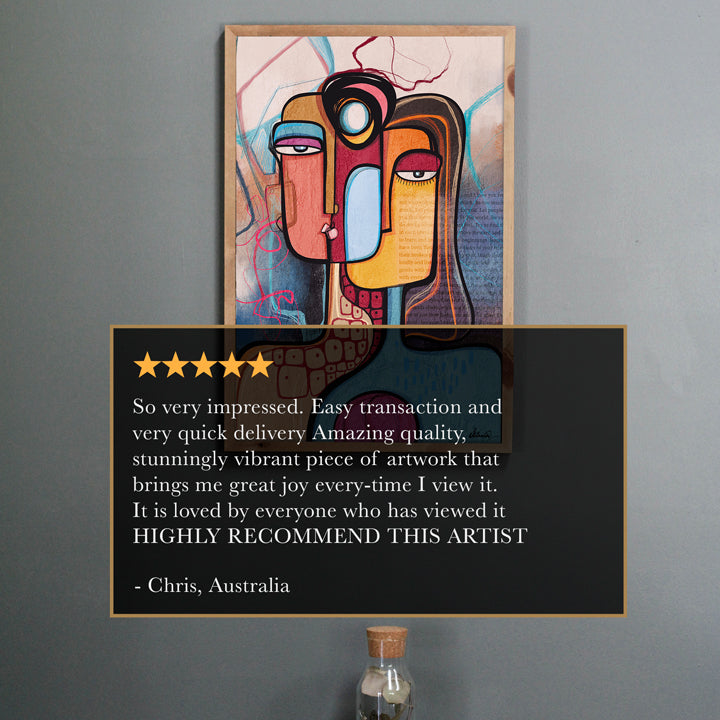 Abstract art print titled "In Between Stories" by SoulCurryArt, featuring modern, intimate wall décor with vibrant colors and textured design.