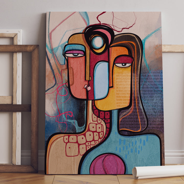 Abstract art print titled "In Between Stories" by SoulCurryArt, featuring modern, intimate wall décor with vibrant colors and flowing shapes.