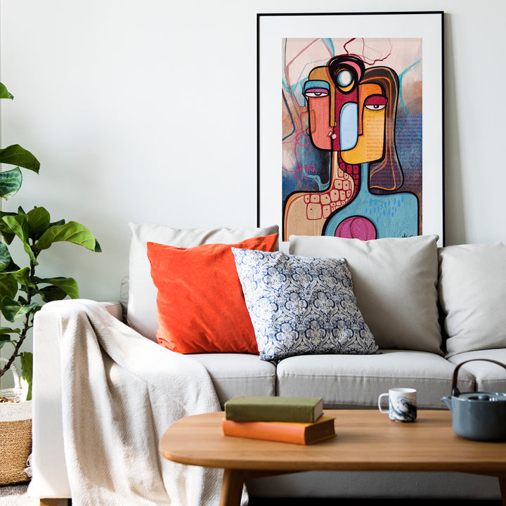 Abstract art print titled "In Between Stories" by SoulCurryArt, featuring modern, intimate wall decor with vibrant colors on paper.