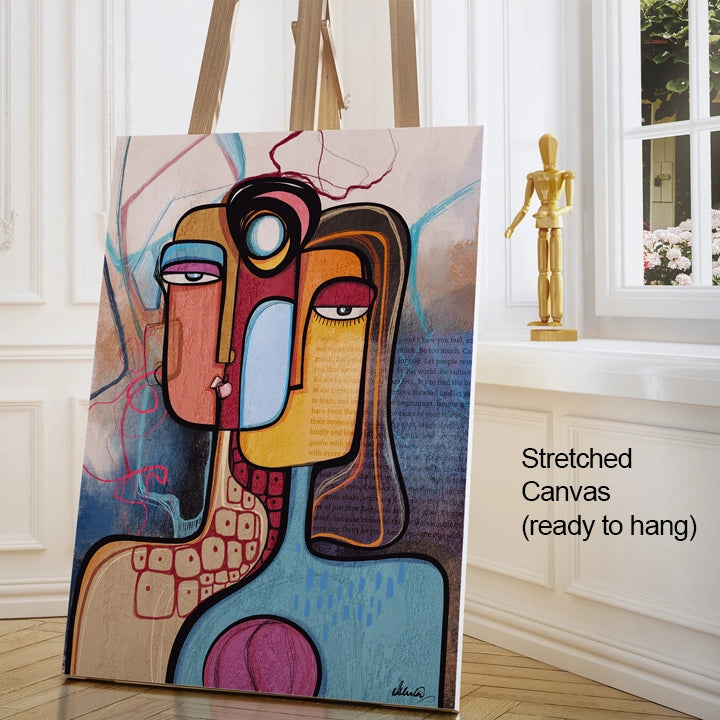 Abstract art print titled "In Between Stories" by SoulCurryArt, featuring modern, intimate wall décor with vibrant colors on paper.