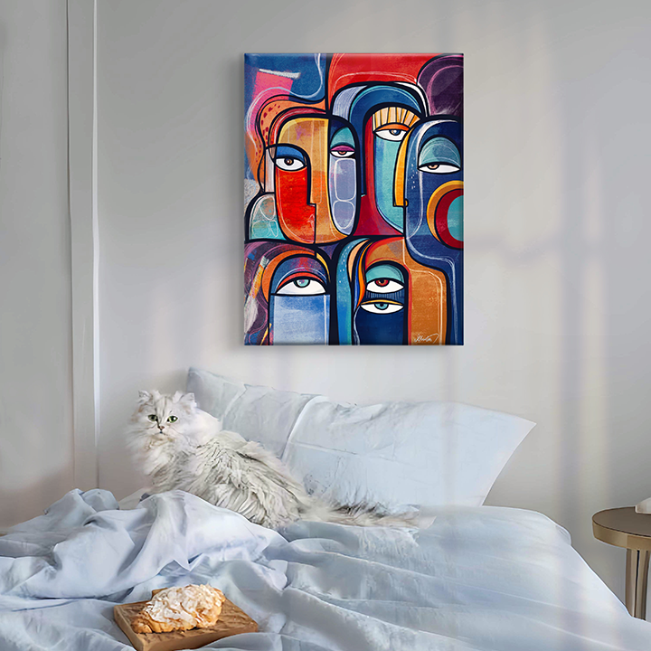 Colorful art print titled Juxtapose by SoulCurryArt featuring bold, contrasting abstract shapes and vibrant hues.