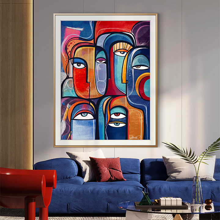 Colorful art print titled Juxtapose by SoulCurryArt featuring contrasting abstract shapes and vibrant hues.