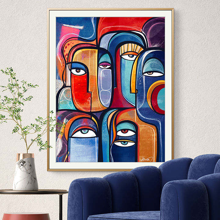 Colorful art print titled Juxtapose by SoulCurryArt, featuring bold abstract shapes and contrasting vibrant hues.