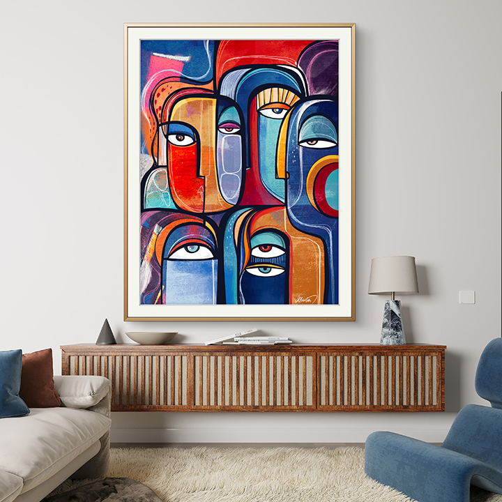 Colorful art print titled Juxtapose by SoulCurryArt featuring contrasting abstract shapes and vibrant hues.