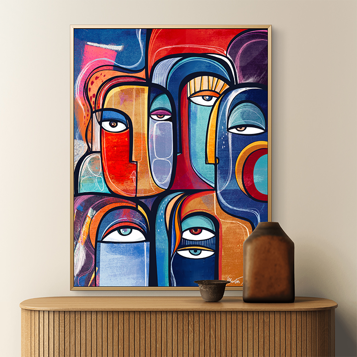 Colorful art print titled Juxtapose by SoulCurryArt, featuring bold, contrasting abstract shapes.