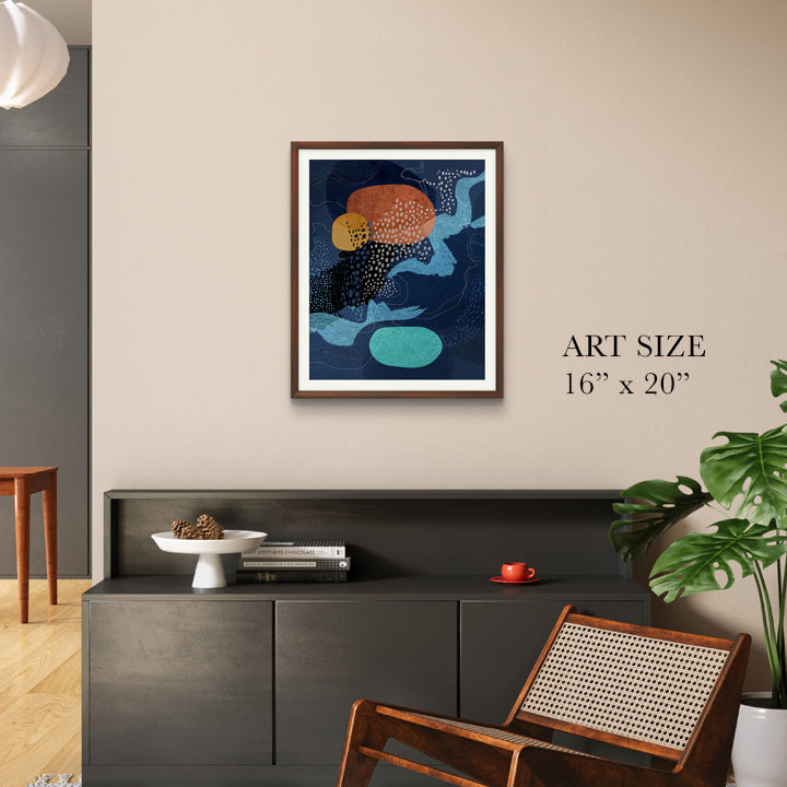 Midnight Waterfall print by SoulCurryArt featuring a serene waterfall scene in dark, moody tones, suitable for wall decor.