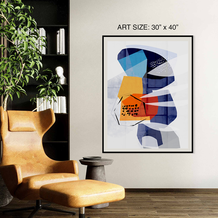 Colorful print of abstract artwork titled "Stratas" by SoulCurryArt, measuring 30x40 inches, featuring vibrant layered patterns.