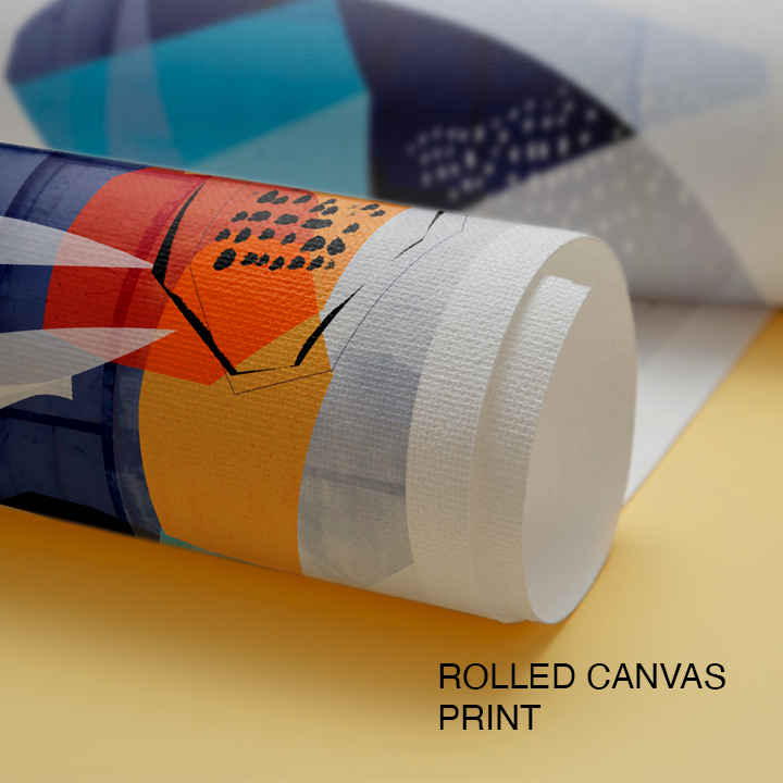 Rolled canvas print titled "Stratas" by SoulCurryArt featuring abstract layered geometric shapes.
