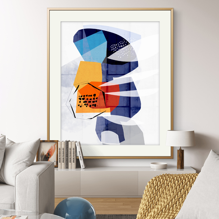 Colorful abstract print titled "Stratas" by SoulCurryArt featuring layered geometric shapes on textured paper.