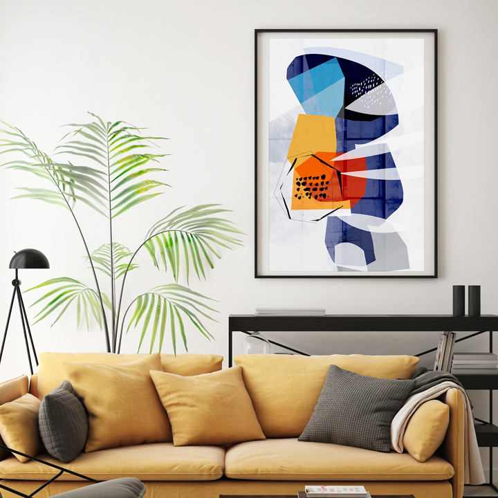 Colorful abstract print titled "Stratas" by SoulCurryArt featuring layered geometric shapes on textured paper.