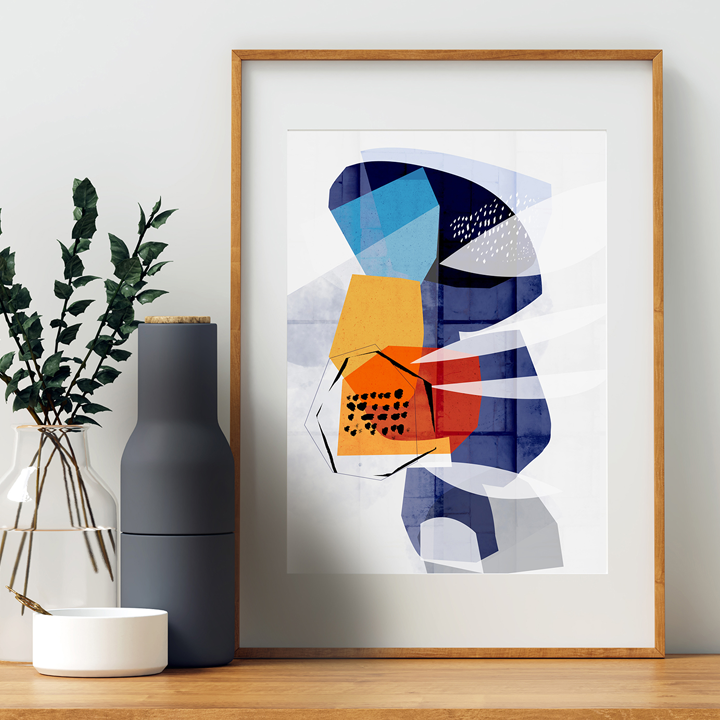 Colorful print titled "Stratas" by SoulCurryArt featuring layered abstract shapes and vibrant hues on paper.