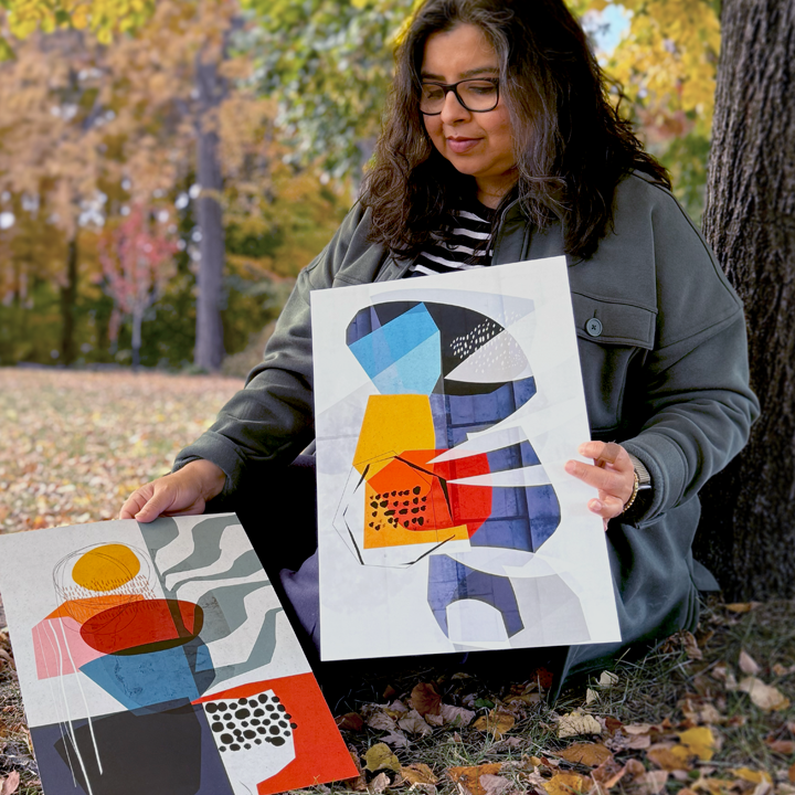 Colorful abstract print titled "Stratas" by SoulCurryArt featuring vibrant layered geometric shapes on textured paper.