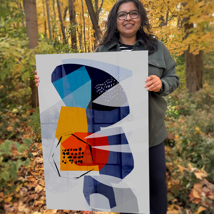 Colorful abstract print titled "Stratas" by SoulCurryArt, featuring layered geometric shapes and vibrant hues on paper.