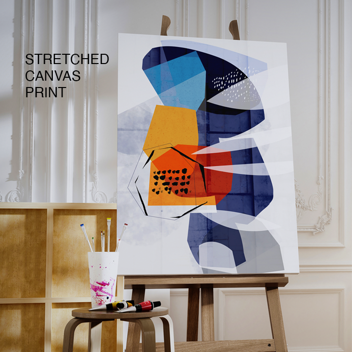 Colorful abstract print titled "Stratas" on stretched canvas by SoulCurryArt, showcasing vibrant layered patterns.