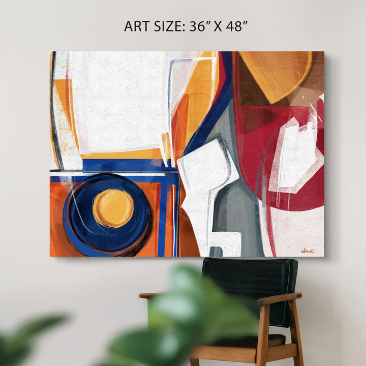 Colorful abstract print titled Synapses by SoulCurryArt, featuring vibrant, interconnected shapes on a 36x48 inch canvas.