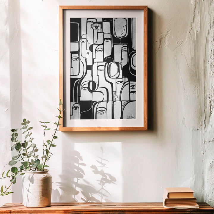 Colorful print titled "Synchronicity" by SoulCurryArt, featuring vibrant abstract patterns on high-quality paper.