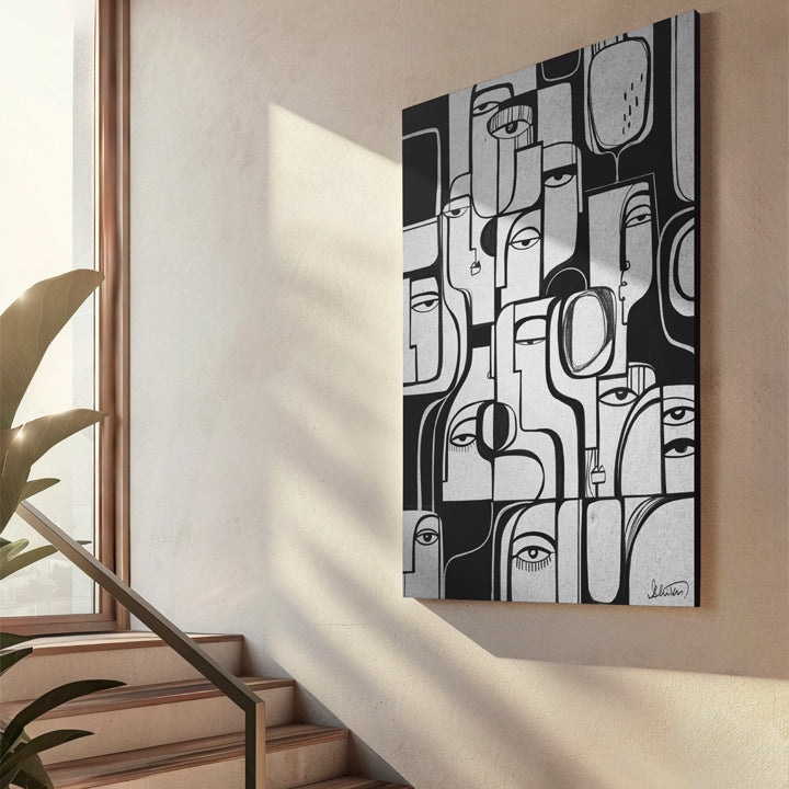 Colorful art print of "Synchronicity" by SoulCurryArt on stretched canvas, showcasing vibrant abstract design.