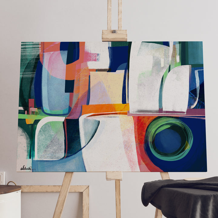 Colorful print of Terre artwork by SoulCurryArt, featuring vibrant abstract patterns on stretched canvas.