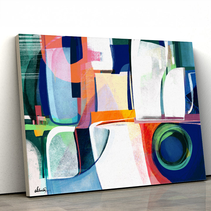 Colorful abstract print titled Terre by SoulCurryArt, featuring vibrant, textured artwork displayed on stretched canvas.