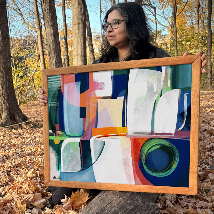Colorful abstract print titled Terre by SoulCurryArt, showcasing vibrant brushstrokes and textured art on high-quality paper.